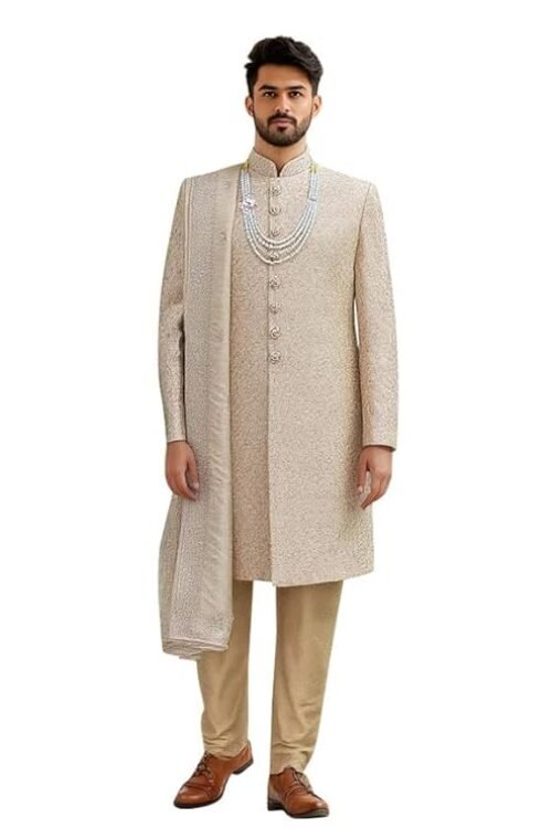 DE ROYAL Antique Gold Zari and Stones work Tussar Sherwani with Dupatta