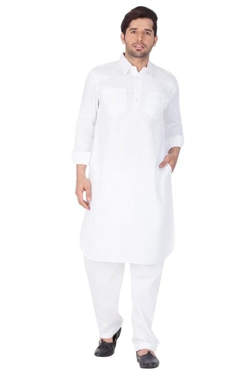 VASTRAMAY Men’s Cotton Blend Pathani Kurta Set || Shoulder Flaps, Two Pockets with Flap, Cuff Plus Rollover Sleeves and Relaxed Fit Salwar Patiala Pyjama. || Elegance for Holi & Eid Celebration