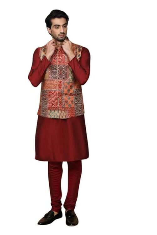 KISAH Mens Kurta Jacket Churidar Set, Printed Mandarin Collar Long Sleeves Silk Blend, Multi Ethnic Wear Set for Men