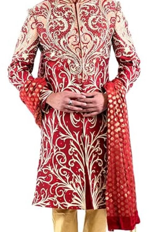Raj Design Studio Men’s Maroon Sherwani & H/M embroidery With Gold Churidar