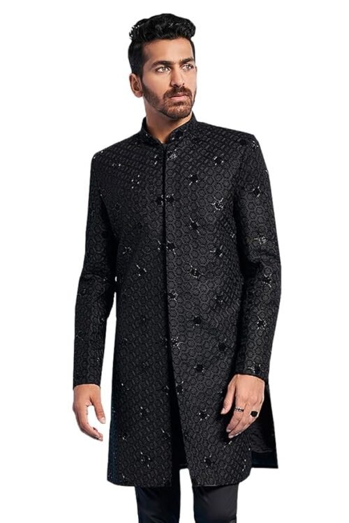 VASTRAMAY Men’s Velvet Sherwani Only Top – Velvet Embroidered Indo Western