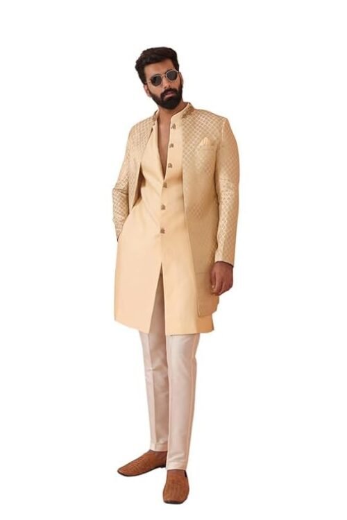 KISAH Men Cream Jacquard Jacket Indowestern Sherwani Trouser Set with Ethnic Motifs