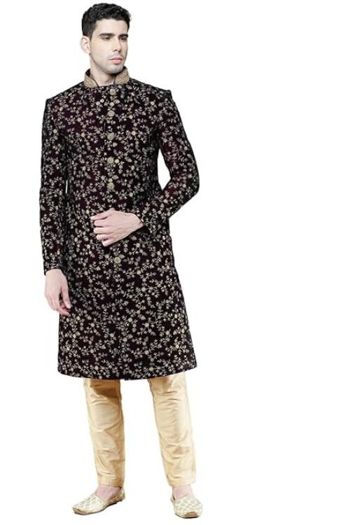 Sanwara Exquisite Deep Blue Velvet Floral Embroidered Men’s Sherwani with Pyjama Pant