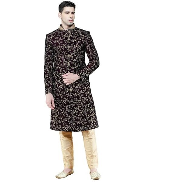 Sanwara Exquisite Deep Blue Velvet Floral Embroidered Men's Sherwani with Pyjama Pant