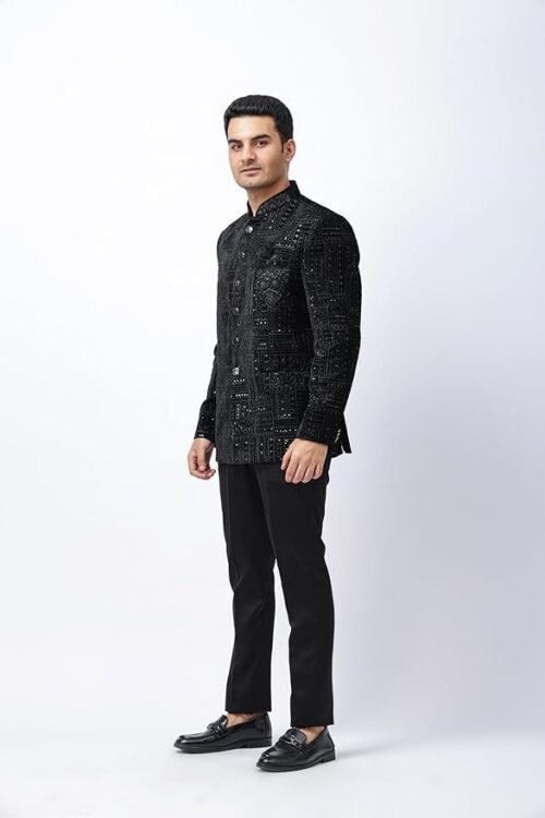 Men’s Black Designer Prince Coat with Chest Embroidery and Matching Black Trouser Set | Festive & Wedding Ethnic Wear | Regular Fit