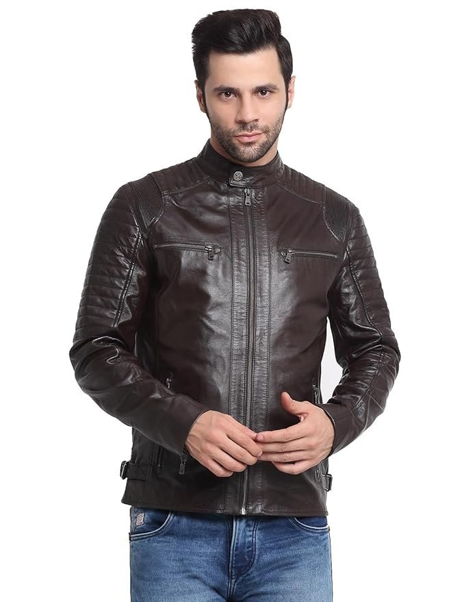 Men’s Casual Stylish Leather Jacket | Men Solid Choco Brown Leather Jacket | Winter Jacket | High Neck | Long Sleeve | Zipper Closure | Regular Fit | Comfortable Fit Jacket Crafted for Men